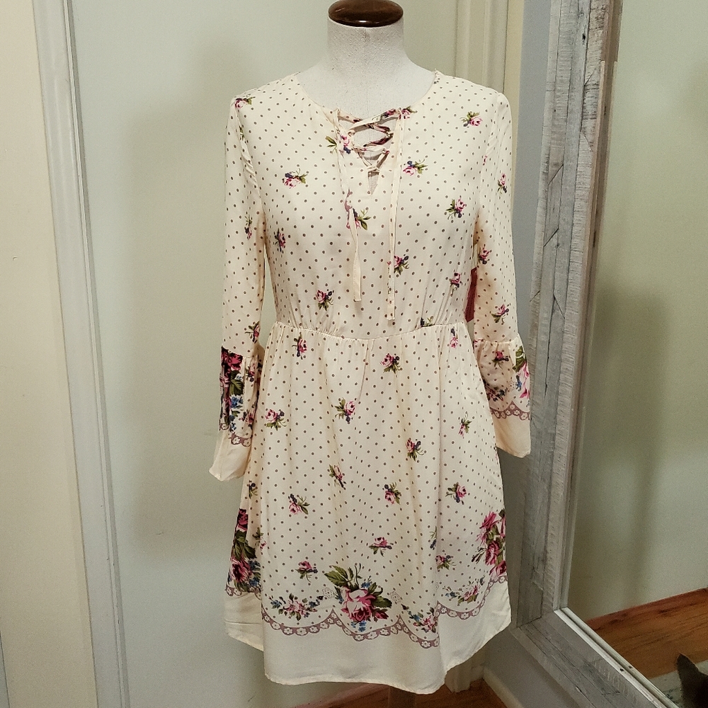 Cream Floral Lace Up Bell Sleeve Mini Dress